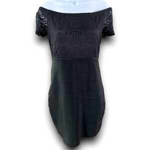 BEBE Lori Off Shoulder Black Lace Stretch Bodycon Dress Gold Accent Size L NWT
